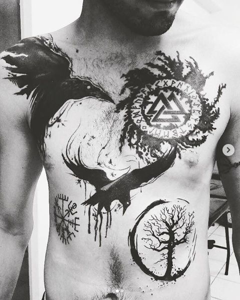 Crows and norse chest tattoo