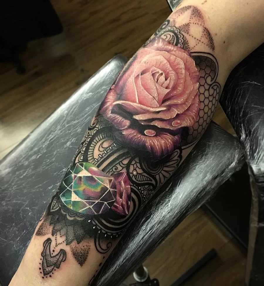 Henna-pink-rose-jewels-arm-tattoo