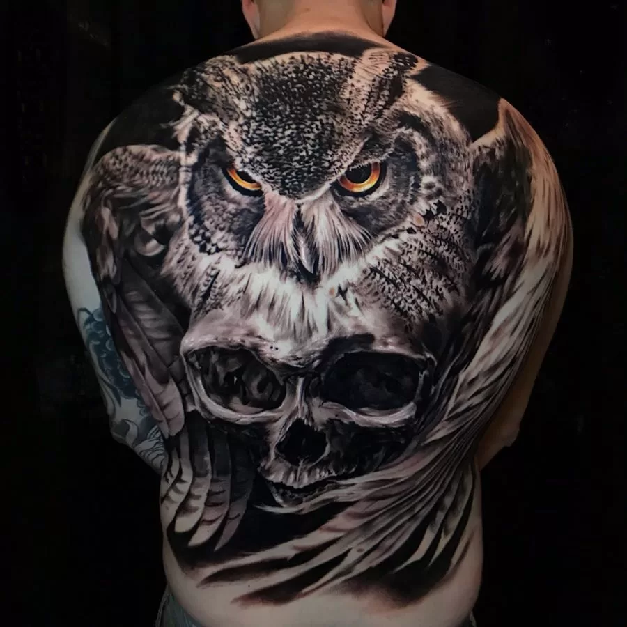 Owl and skull back tattoo