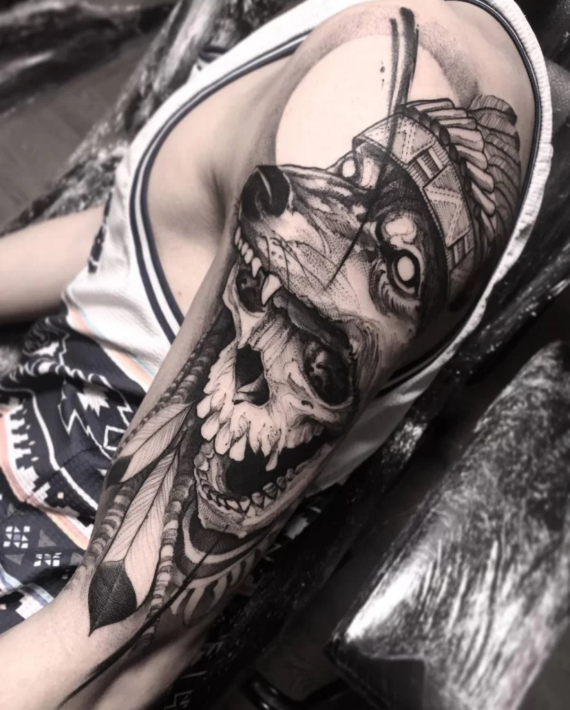 Wolf and skull tattoo