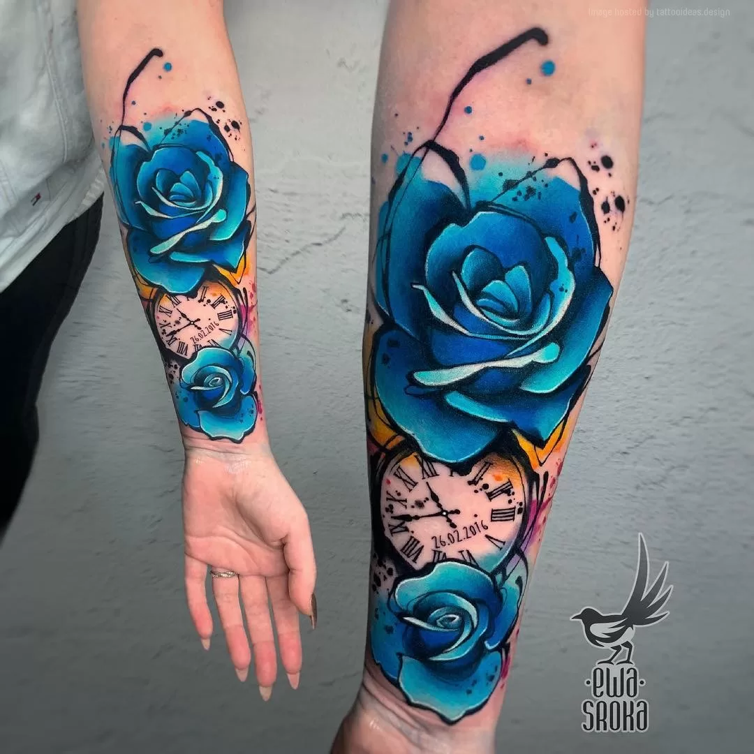 Watercolor blue rose tattoo and watch