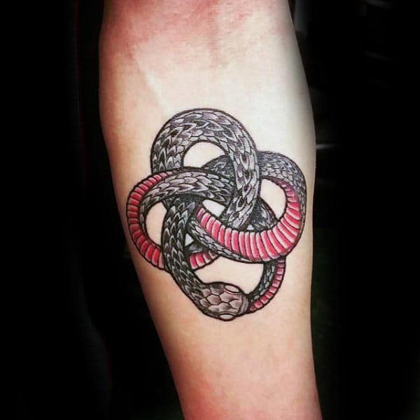 Mens black and red ouroboros forearm tattoo