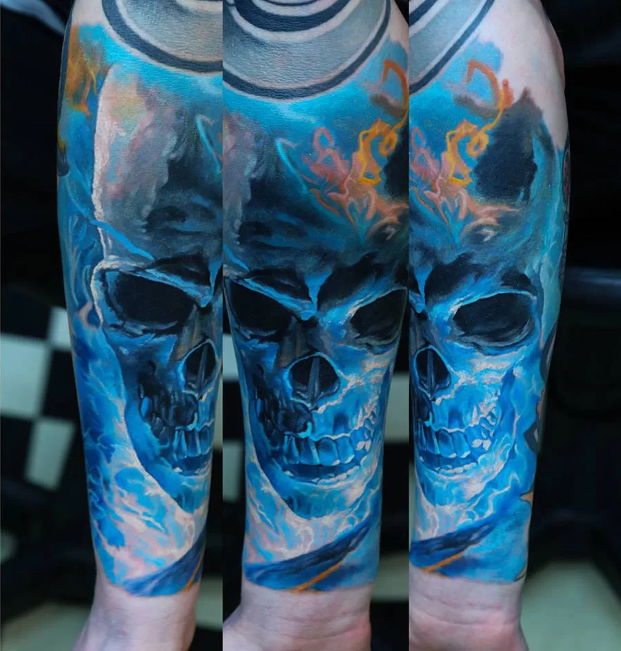 Blue Flame Skull Tattoo
