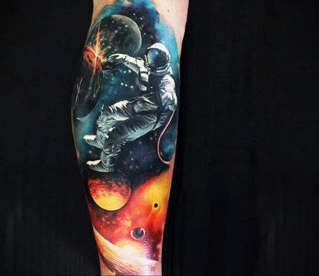 Astronaut colorful sleeve tattoo