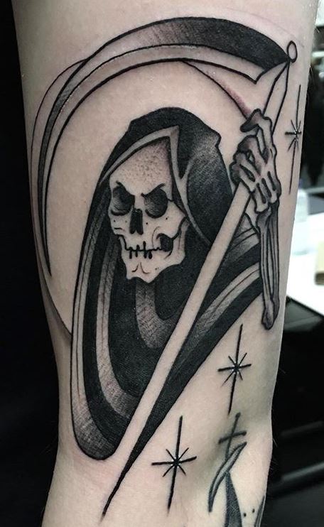 Black And White Traditional Grim Reaper Tattoo - TATTOOGOTO