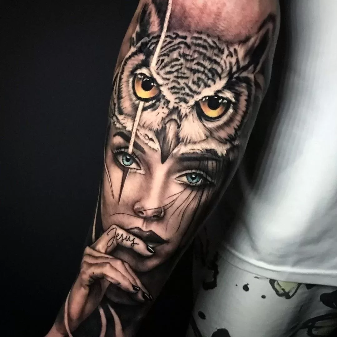Woman And Owl Forearm Tattoo - TATTOOGOTO