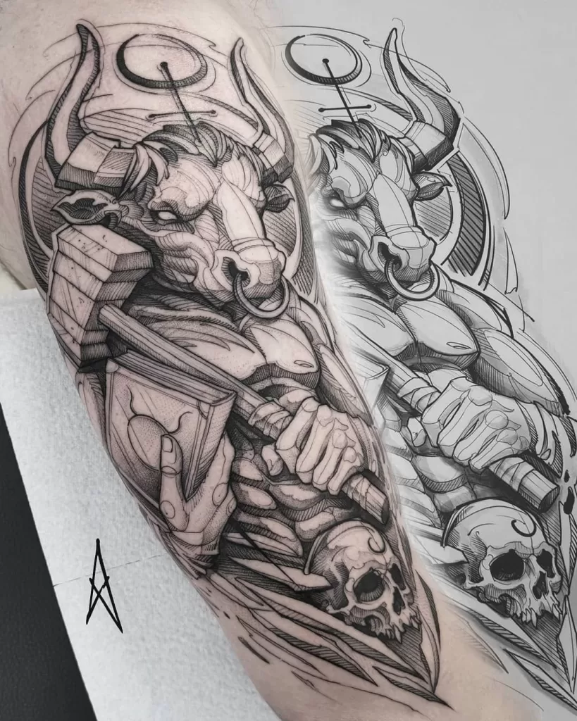 Minotaur Sketch Tattoo Design