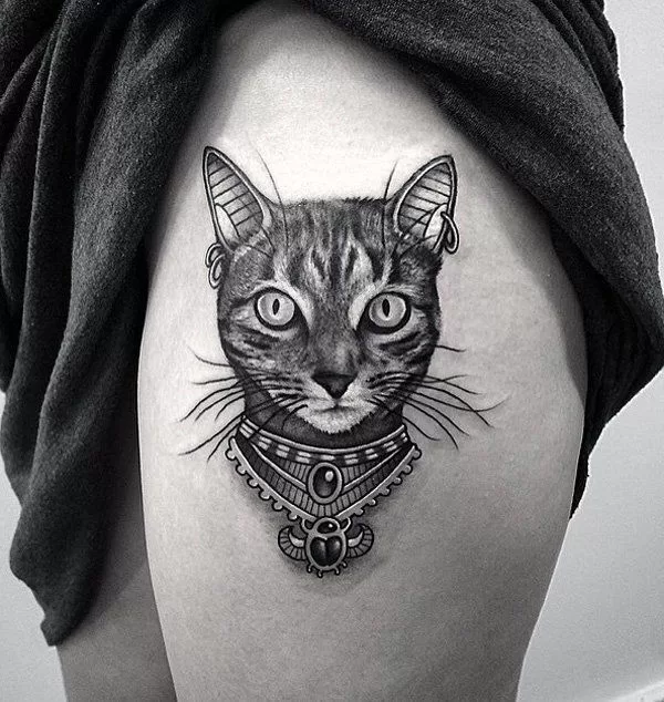 Black Cat Thigh Tattoo