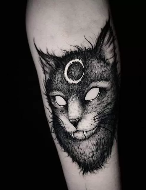 Blackwork Demonic Cat Tattoo