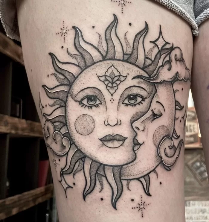 Sun And Moon Thigh Tattoo