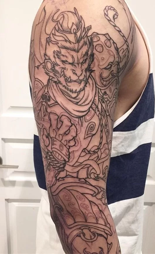 Monkey King Outline Sleeve Tattoo