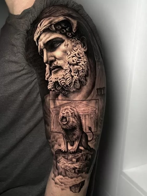 Tattoo uploaded by Alo Loco Tattoo  Ancient statue of Zeus sleeve arm  tattoo in black and grey realism London UK  blackandgreytattoos  realistictattoos sleevetattoos sculpturetattoos zeustattoo  Tattoodo