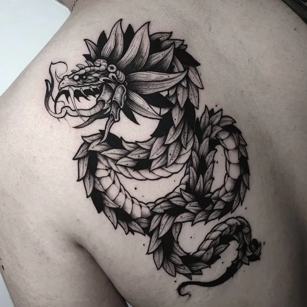 Blackwork Quetzalcoatl Tattoo Design