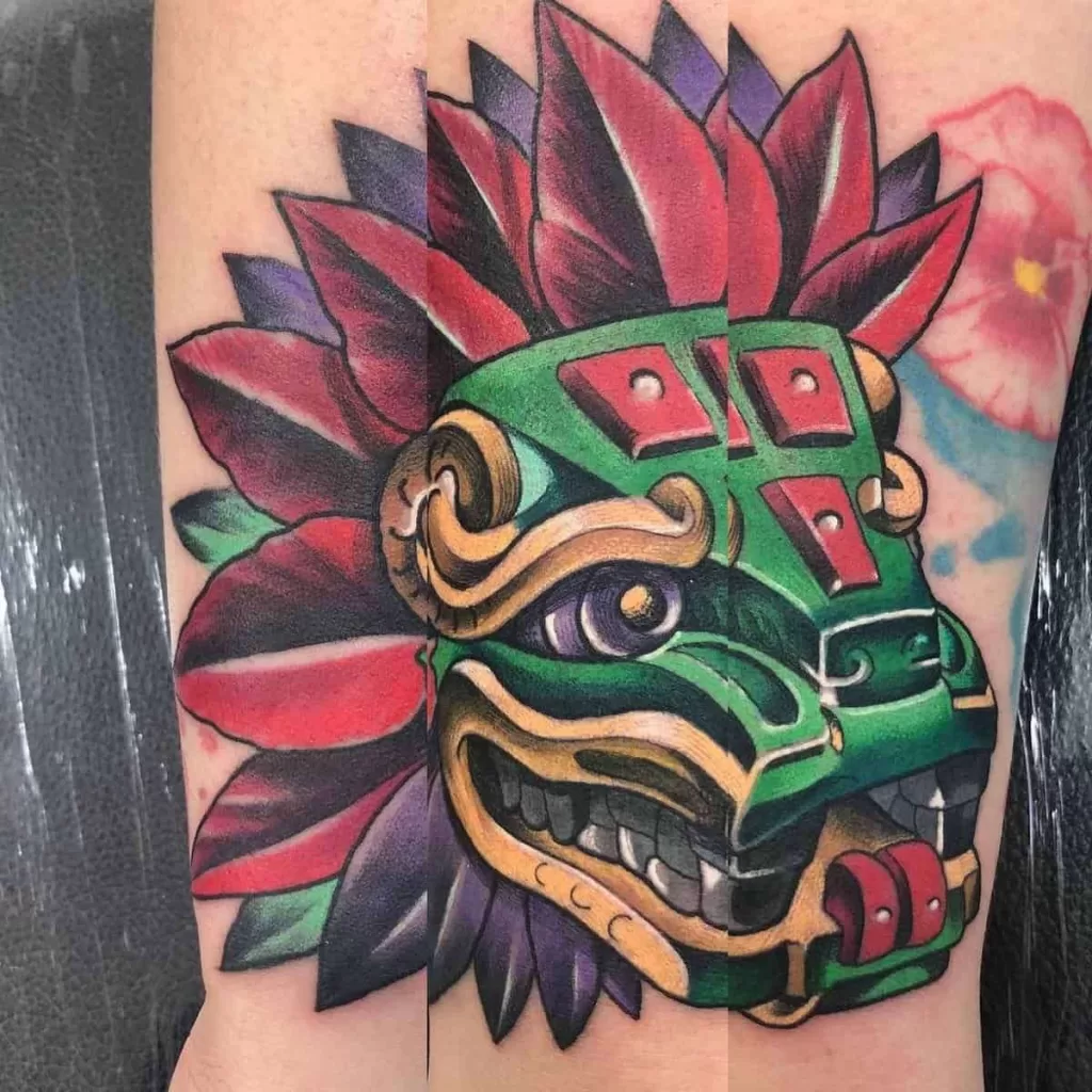 Quetzalcoatl Colorful Head Tattoo