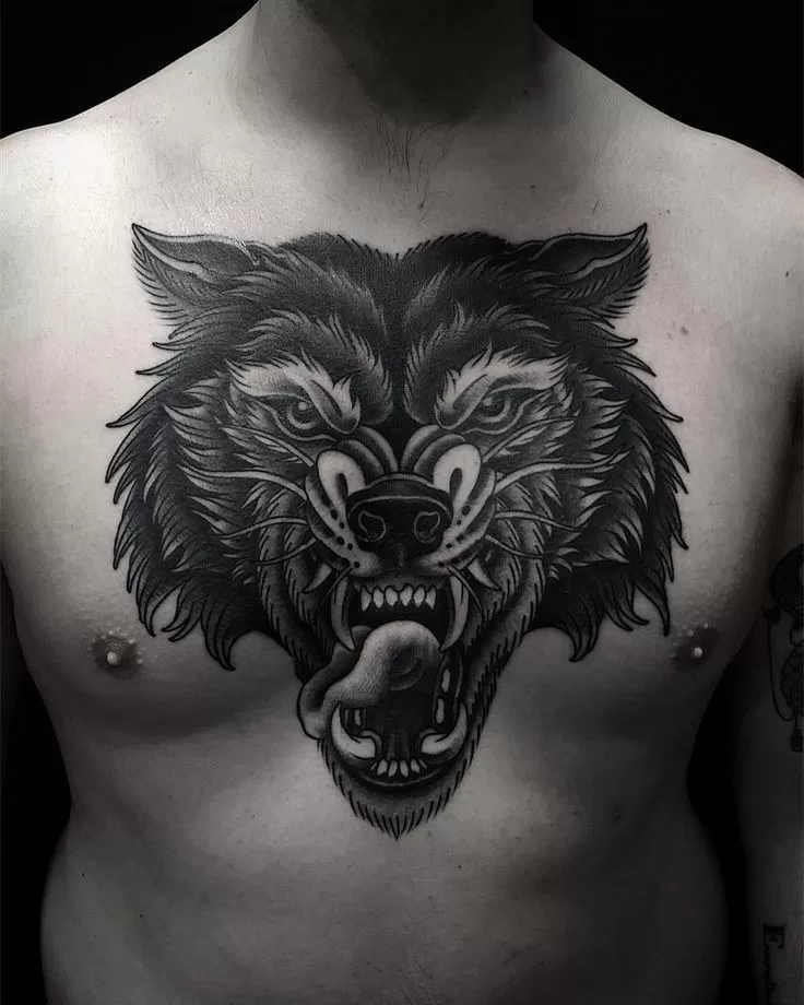 Traditional Wolf Head Tattoo On Chest